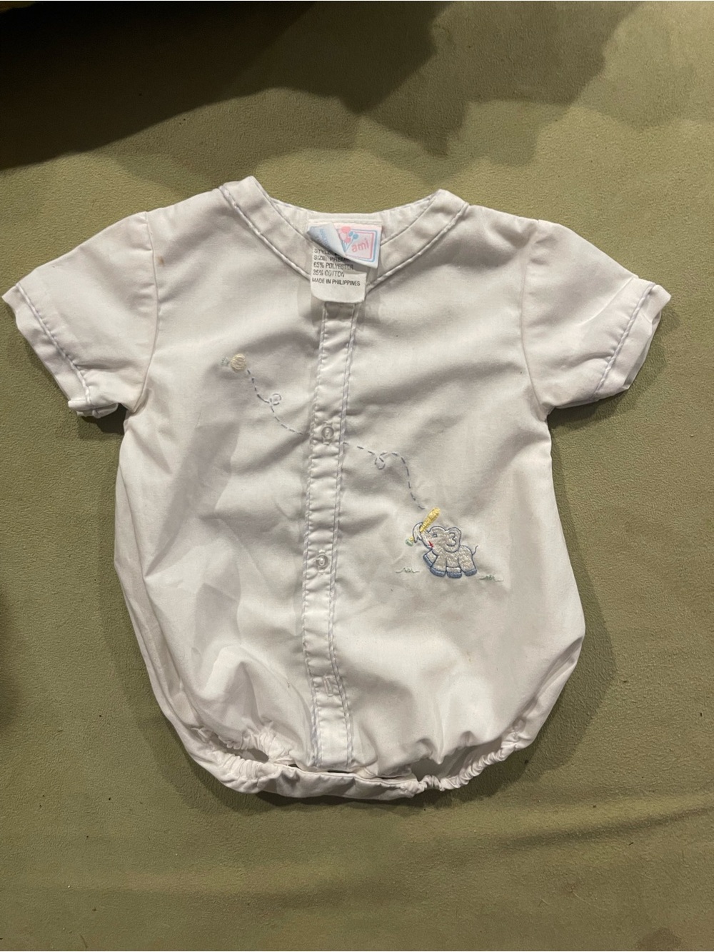 Petit Ami White Baby Romper with Embroidered Elephant